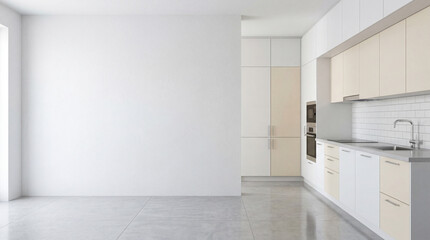  Modern Contemporary kitchen room interior .white and cream color material 3d render 