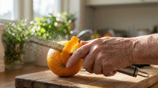 Solo Agers Independent Living concept. Person zesting an orange with a zester over a wooden cutting board