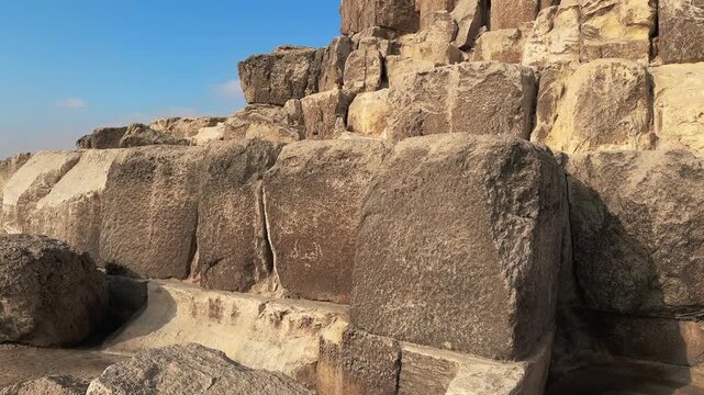Close Up of Massive Ancient Limestone Blocks at the Base of the Great Pyramid of Khufu at Giza Necropolis