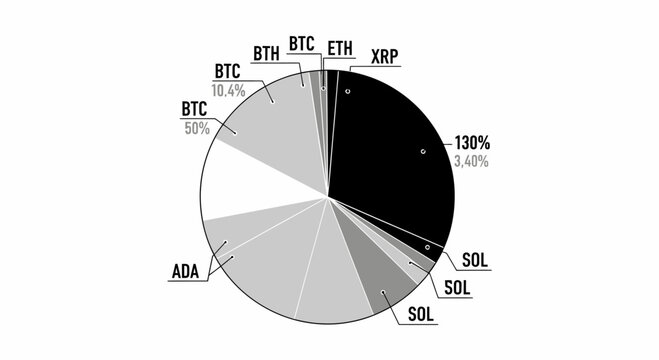 Cryptocurrency portfolio pie chart illustration showing BTC, ETH, SOL, and ADA asset distribution.