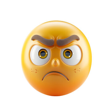 Angry Yellow Emoji Face with Furrowed Brow Isolated on White Background