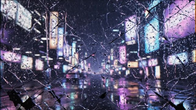 Shattered glass overlay on vibrant futuristic cyberpunk city lights