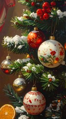 A close-up of a Christmas tree with ornaments and snow