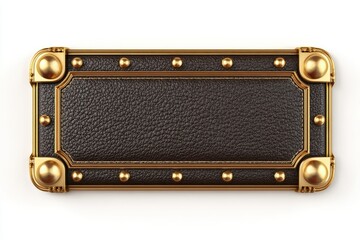 Ornate leather nameplate with golden studs and protective corners on white