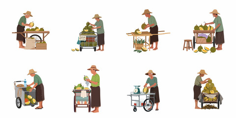 Obraz premium Durian sellers in various traditional and mobile setups, preparing and presenting the exotic fruit for sale at an Asian street market.