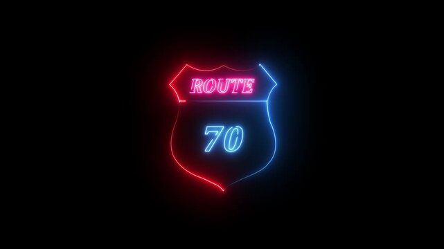 Neon Route 70 Shield Sign Glowing on Black Background image photo