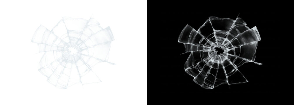 Broken glass shatters on white and black backgrounds cracked destruction