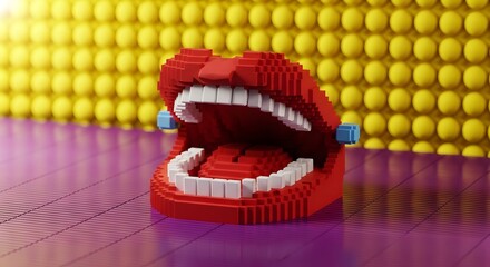 Naklejka premium A red lego mouth with white teeth on a purple and yellow background
