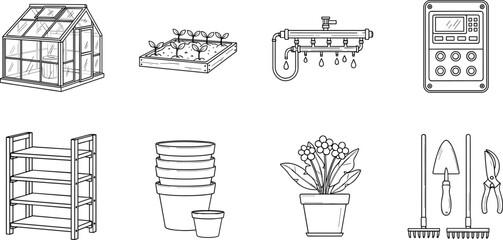 Gardening tools and greenhouse line icons vector set with plant pots rack irrigation and garden equipment