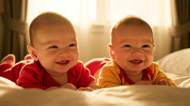 Heartwarming cinematic 4K footage of two happy babies in red and yellow outfits lying tummy down on a comfortable bed soft blankets and pillows around them natural morning light entering through windo