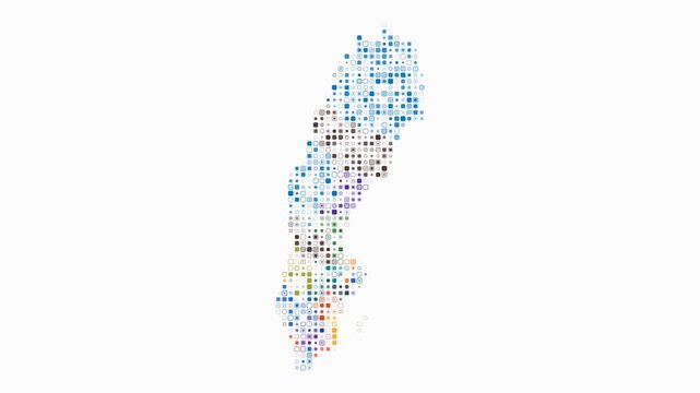 Sweden animated country shape. Pulsating colored dots on the map of the country. Small size rounded square blocks. Digital style Sweden map on white background. Classy animation video.