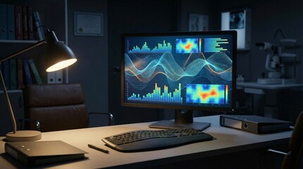 Naklejka premium Modern computer monitor and LCD TV screen on a desktop workstation in an office setting