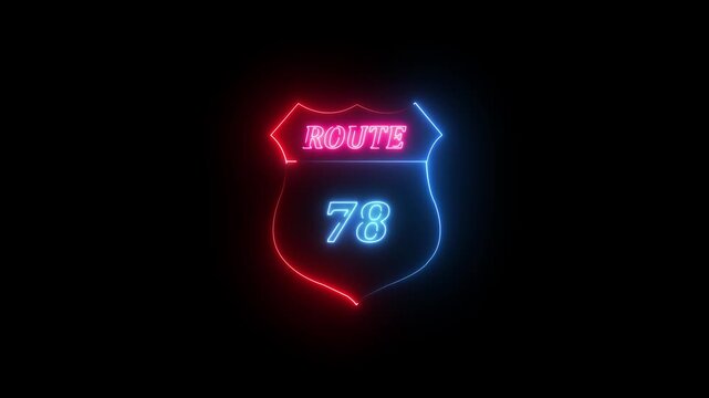 Neon Route 78 Shield Sign Glowing Against Black Background neon sign road sign