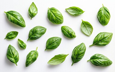 Fresh Green Basil Leaves on White Background for Culinary Use