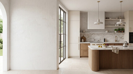  Modern Contemporary kitchen room interior .white and cream color material 3d render 