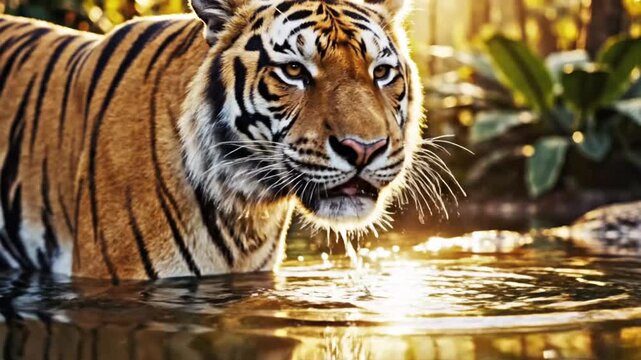 Stunning tiger gracefully drinking water in the wild, a powerful symbol of nature's beauty and strength, perfect for conservation campaigns