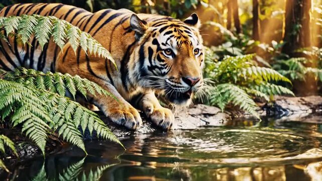 Magnificent tiger drinking from a jungle stream, reflection shimmering in the water, sunlight streaming through the trees, a moment of serene power