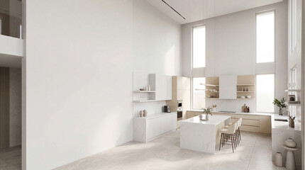  Modern Contemporary kitchen room interior .white and cream color material 3d render 