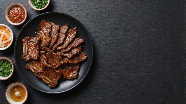 Grilled korean beef ribs galbi top view food photography on black stone background