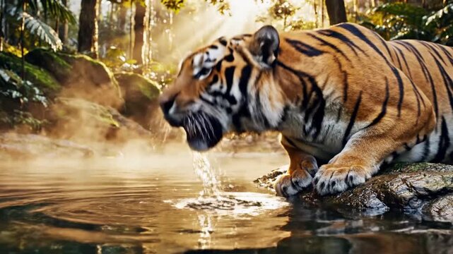 Majestic tiger drinks peacefully from misty jungle river, sun rays filter through trees creating stunning nature scene perfect for conservation campaigns