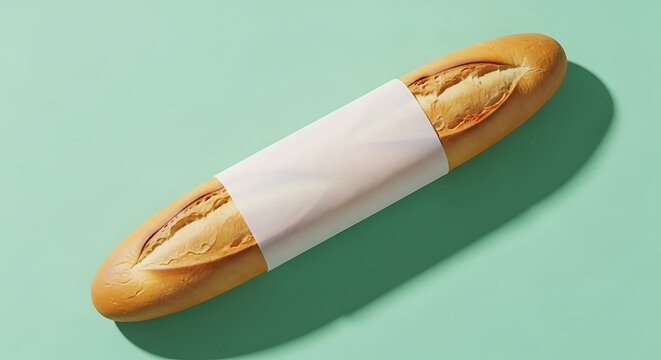 Freshly baked baguette with paper wrap on a light green surface, top view.