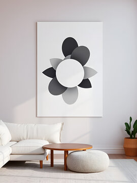 minimalist wallpaper with furniture in a room and in the background a large poster with geometric shapes. The shapes are carefully spaced, creating a visual dynamo.
