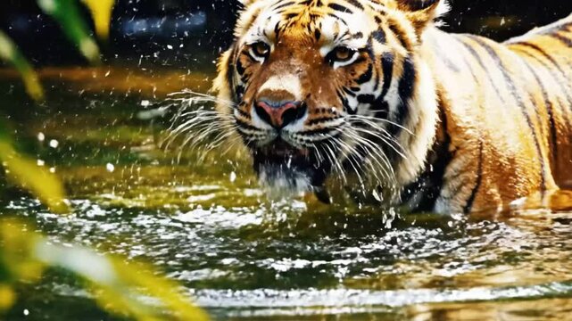 Majestic tiger gracefully quenching its thirst in shimmering water, reflecting the vibrant jungle foliage in a stunning wildlife moment