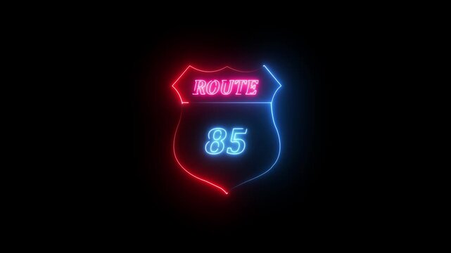 Neon Route 85 Shield Sign Glowing Red and Blue on Black Background neon sign highway