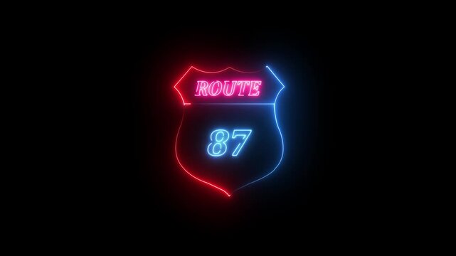 Neon Route 87 Sign Glowing on Black Background neon sign highway