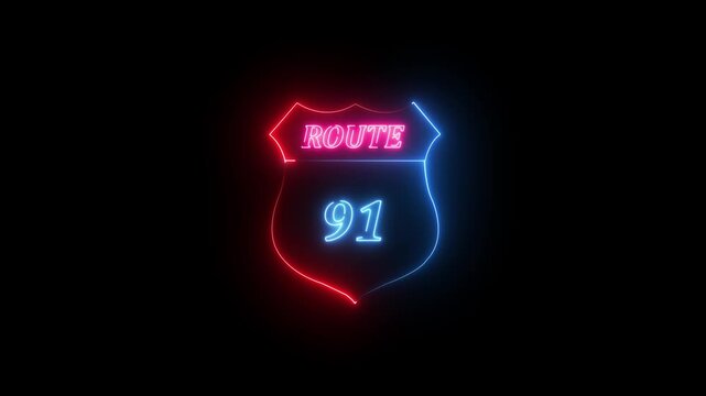 Neon Route 91 Shield Sign Glowing on Black Background neon sign highway