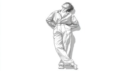 Obraz premium modern fashion sketch, simple linear illustration, contemporary outfit design, relaxed confident pose, clean precise lines, white background