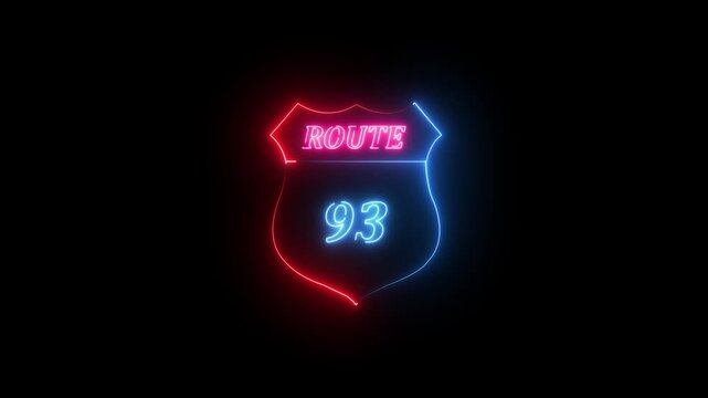 Neon Route 93 Shield Sign Glowing on Black Background neon sign highway