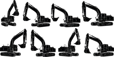 Collection of excavator silhouettes showing different angles of crawler construction digger machines, heavy equipment for excavation, mining, earthmoving and  © MdMojibar