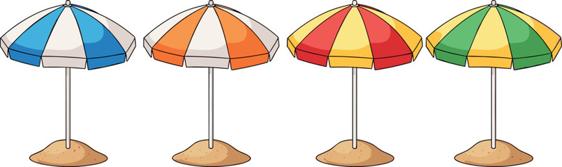 Colorful beach umbrellas set on sand, summer vacation parasol collection, seaside shade umbrella icons for tropical holiday travel, resort beach equipment vector illustration © MdMojibar