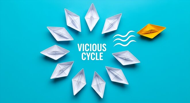 A yellow paper boat is struggling against a swirling wave while white boats circulate, illustrating a vicious cycle.