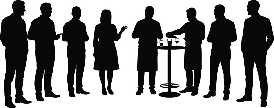 Silhouette of a group of people standing around a table with drinks  social gathering