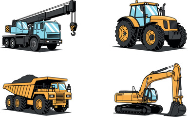 Construction machinery vector illustration set featuring mobile crane truck, agricultural tractor, mining dump truck and hydraulic excavator, heavy equipment vehicles for industry and engineering  © MdMojibar