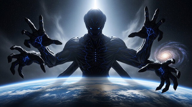 Cosmic Entity Over Earth with Multiple Arms and Galactic Swirl