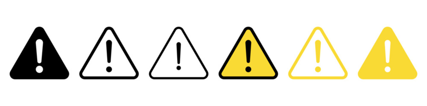 Warning triangle icons with exclamation mark in outline and solid styles. Safety alert symbols used for danger notice, risk indication, attention messages.