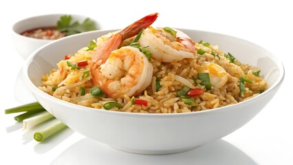 Delicious shrimp fried rice in a bowl isolated on white background