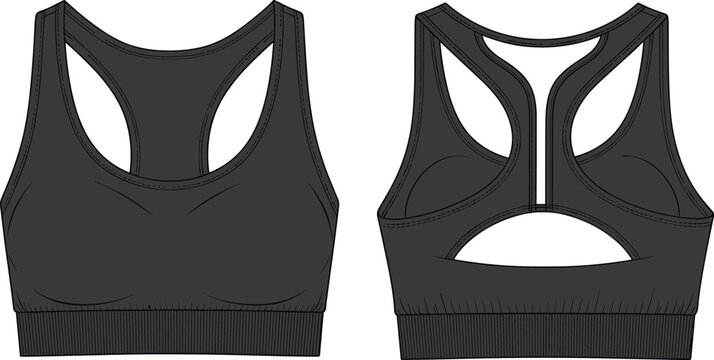 Black Women&rsquo;s Sports Bra Technical Flat Sketch Vector Template with Racerback Cutout Detail Ribbed Underband and Contoured Front Seams for Activewear Fashion Design (25 words)