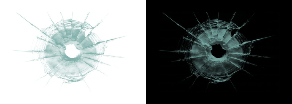 Shattered glass holes on white and black backgrounds broken window effects