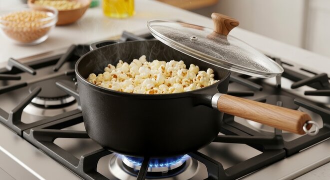 Popcorn popping in a pot on a gas stove with blue flames.
