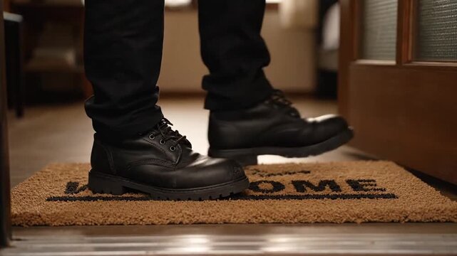 Stepping onto a Welcome Mat: A Close-Up of Boots Entering a Home