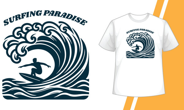 Surfing Paradise One Color Minimal Surfing Symbol with Ocean Wave Silhouette Vintage Style Graphic T Shirt Design for Summer Beach.