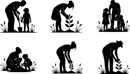 Family tree planting silhouettes showing parents and children gardening together, watering young plants, environmental care, eco lifestyle, nature education and sustainable family activity concept