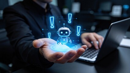 Naklejka premium Businessman holding holographic chatbot assistant with alert icons,artificial intelligence customer support automation and problem solving technology in modern office environment