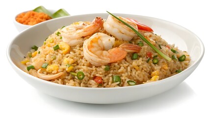 Delicious shrimp fried rice served in a white bowl isolated on white background