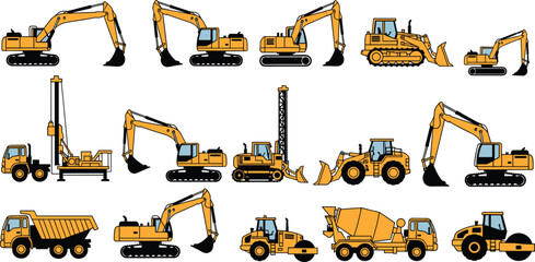 Heavy construction machinery collection with excavators, bulldozer, dump truck, cement mixer, road roller and drilling rig, industrial building equipment vector set for engineering projects © MdMojibar