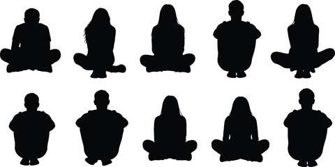 Black silhouettes of various men and women sitting cross legged on the floor in relaxed poses isolated on white background set.